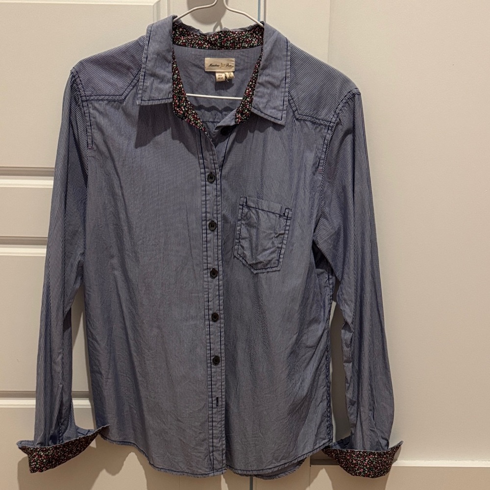 Anthropologie Blue Button-Down Shirt with Floral Trim